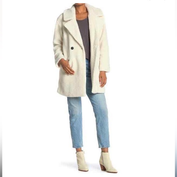 NWT Lucky Brand Double Breasted Faux Fur Teddy Coat - Cream White - Medium - Picture 1 of 5